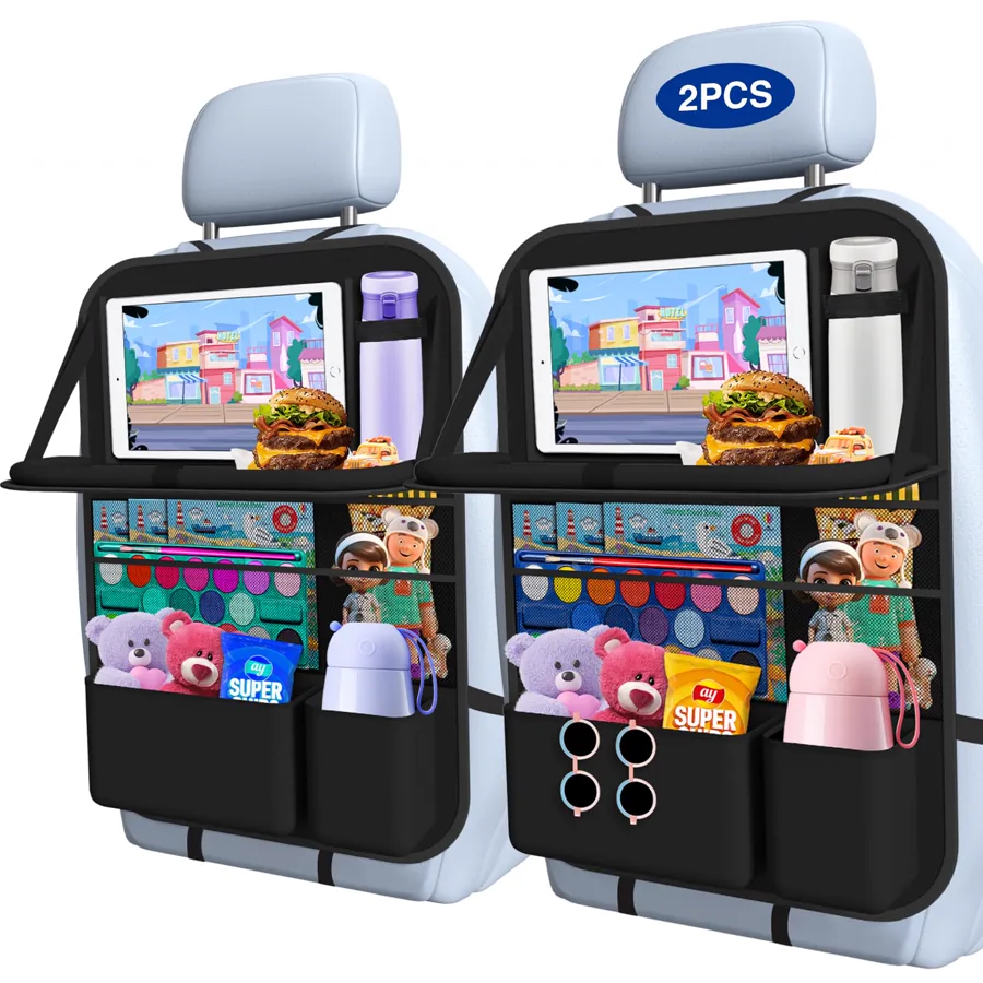 Car Backseat Organizer with Foldable Table Tray, 9 Pockets, 2-Pack